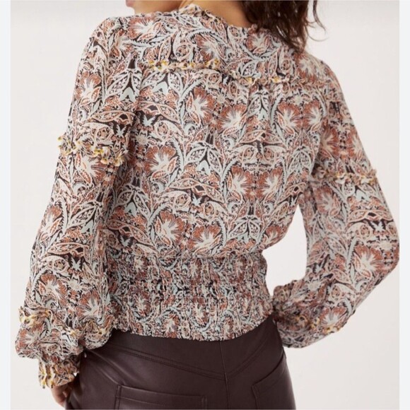 Anthropologie Ruffle Surplice Blouse Open Top Smocked Waist Floral Paisley Pt M - Picture 2 of 16